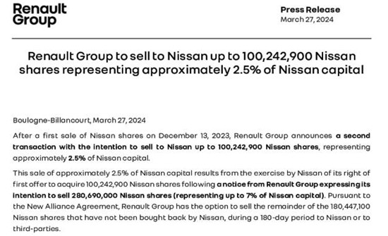 雷诺二度出售日产股份 日产称将继续投资雷诺电动车业务